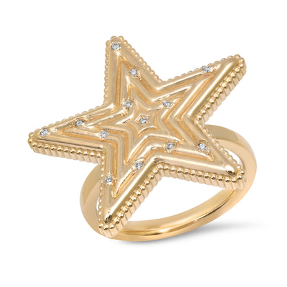 Side view of the Star Power Diamond Ring by Sig Ward Jewelry in 14K gold, showcasing the sculptural band, natural gemstones, and baguette diamond details from the Star Power Collection.