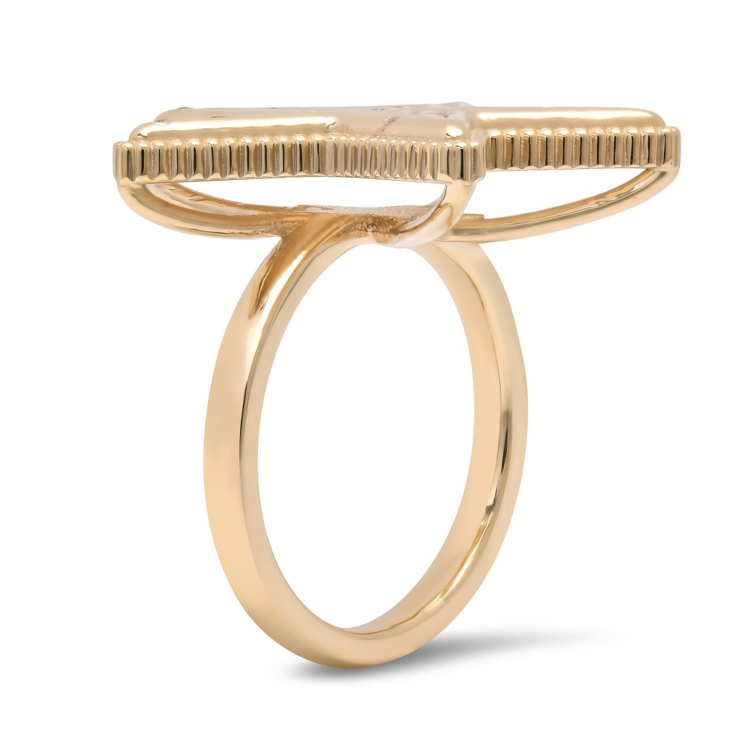 Side view of the Star Power Diamond Ring by Sig Ward Jewelry in 14K gold, showcasing the sculptural band, natural gemstones, and baguette diamond details from the Star Power Collection.