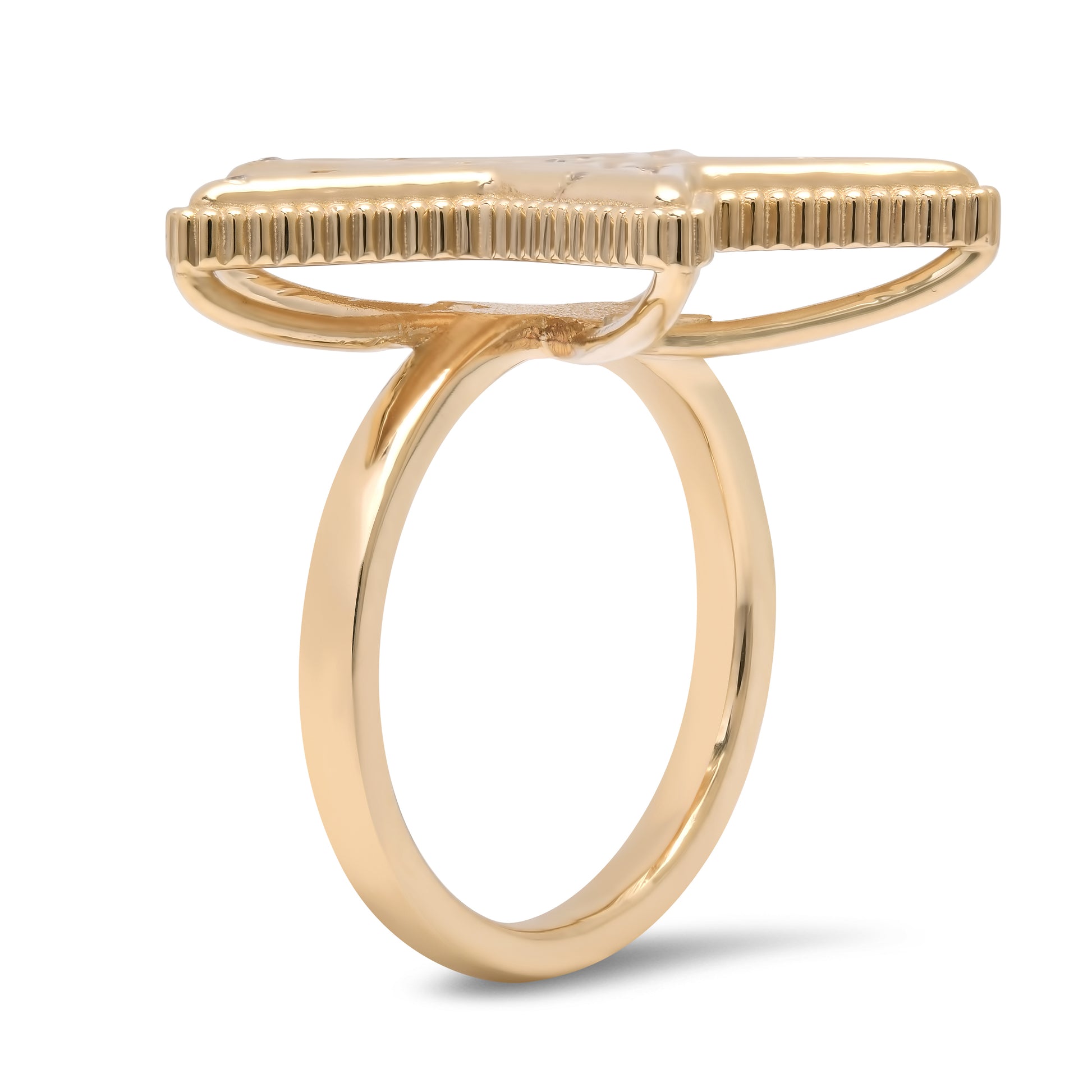Side view of the Star Power Diamond Ring by Sig Ward Jewelry in 14K gold, showcasing the sculptural band, natural gemstones, and baguette diamond details from the Star Power Collection.