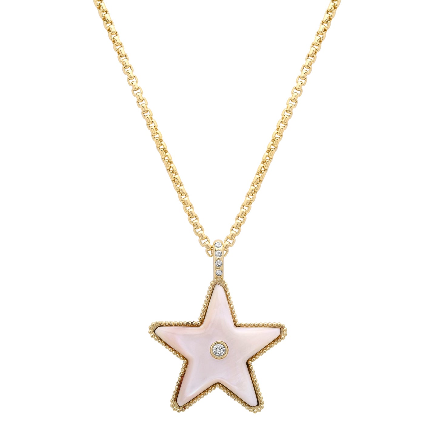 Sig Ward Jewelry Star Power Pink Mother of Pearl and Diamond Necklace featuring luminous pink mother of pearl and brilliant diamonds in a celestial-inspired gold pendant for everyday luxury and timeless elegance.
