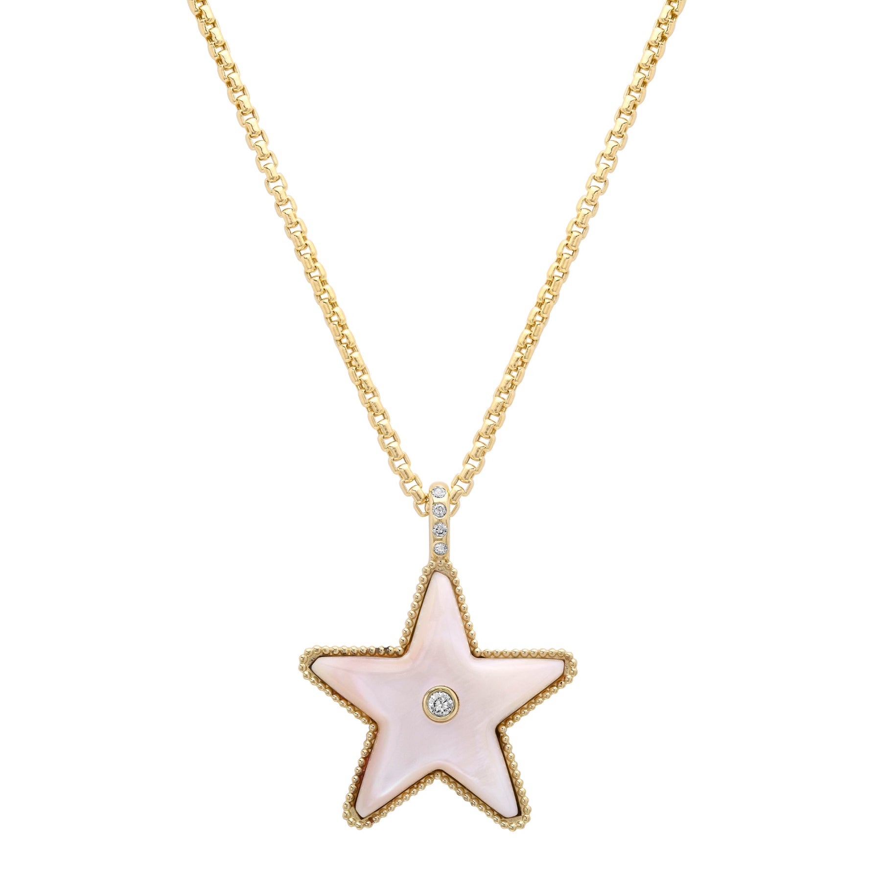 Sig Ward Jewelry Star Power Pink Mother of Pearl and Diamond Necklace featuring luminous pink mother of pearl and brilliant diamonds in a celestial-inspired gold pendant for everyday luxury and timeless elegance.