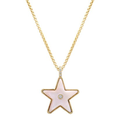 Sig Ward Jewelry Star Power Pink Mother of Pearl and Diamond Necklace featuring luminous pink mother of pearl and brilliant diamonds in a celestial-inspired gold pendant for everyday luxury and timeless elegance.