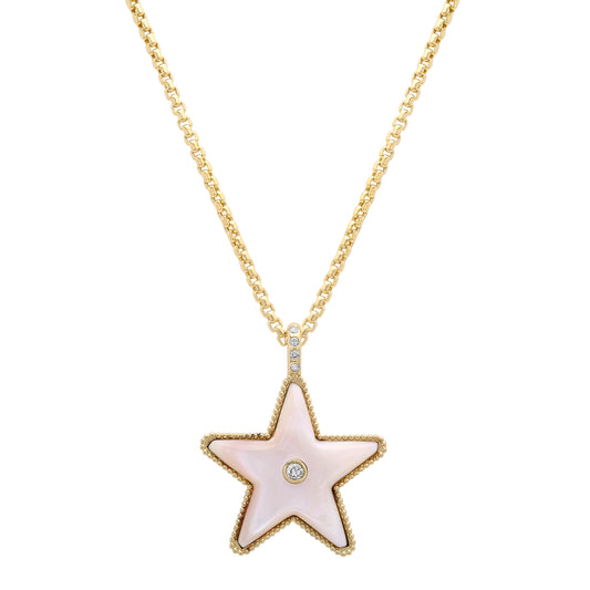 Sig Ward Jewelry Star Power Pink Mother of Pearl and Diamond Necklace featuring luminous pink mother of pearl and brilliant diamonds in a celestial-inspired gold pendant for everyday luxury and timeless elegance.