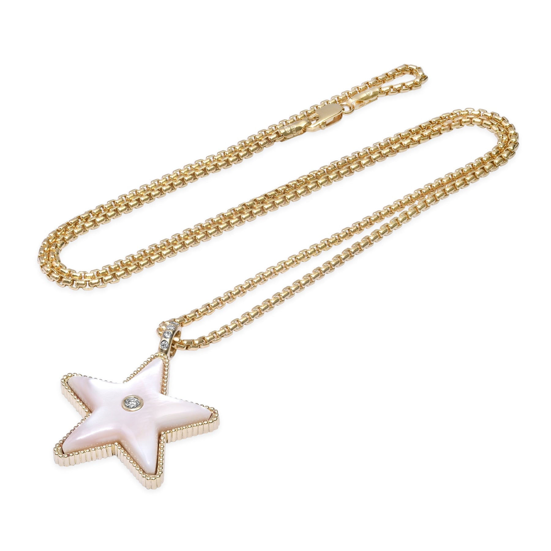 Sig Ward Jewelry Star Power Pink Mother of Pearl and Diamond Necklace featuring luminous pink mother of pearl and brilliant diamonds in a celestial-inspired gold pendant for timeless elegance.
