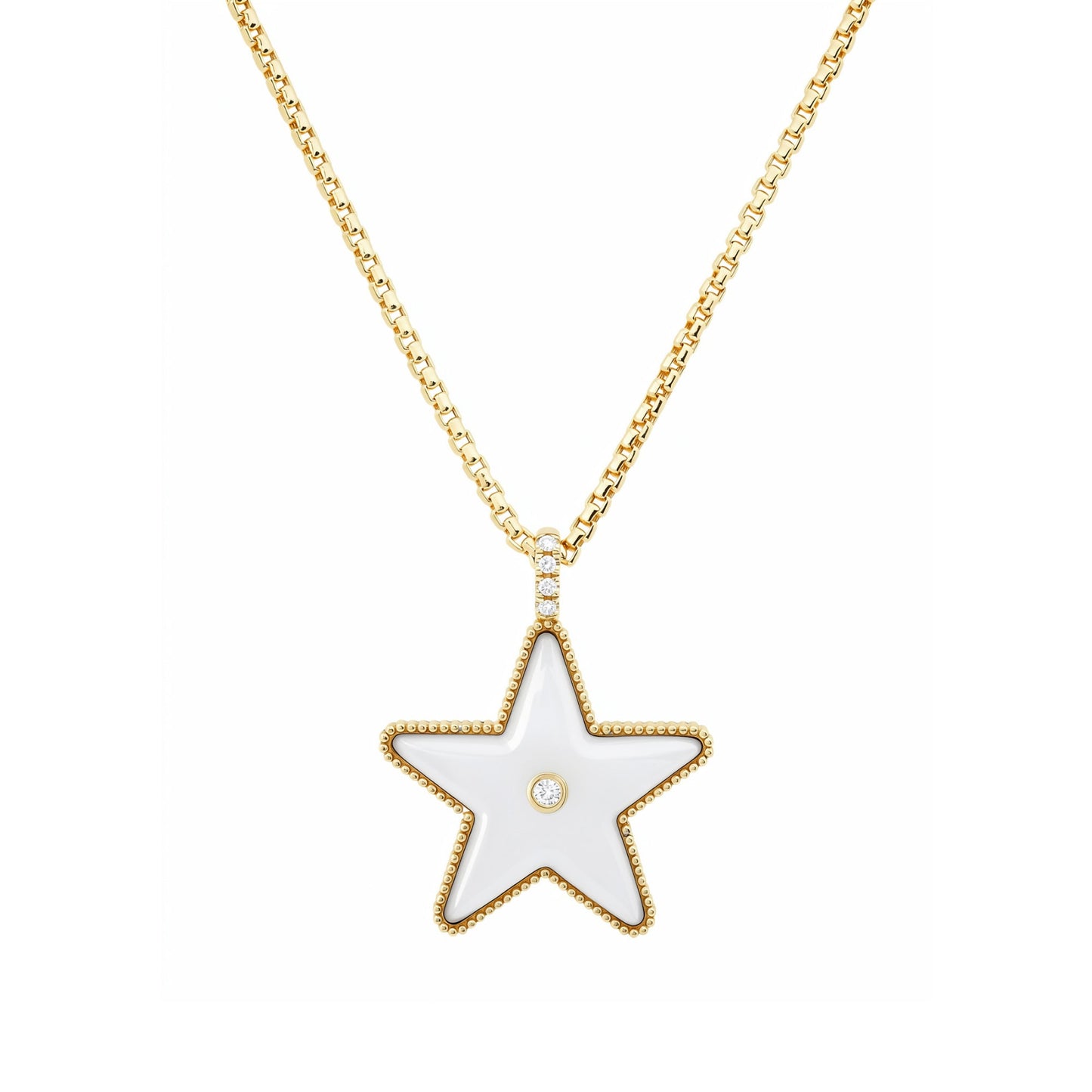 Front view of the Sig Ward Jewelry Star Power White Mother of Pearl and Diamond Necklace featuring luminous white mother of pearl, brilliant diamonds, and a celestial-inspired pendant that symbolizes empowerment and timeless elegance.