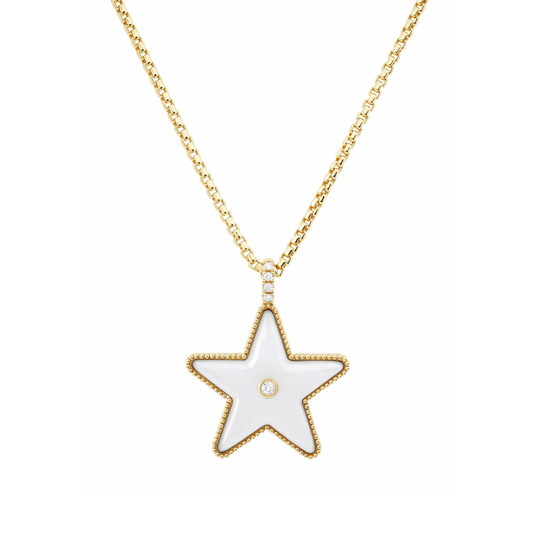 Front view of the Sig Ward Jewelry Star Power White Mother of Pearl and Diamond Necklace featuring luminous white mother of pearl, brilliant diamonds, and a celestial-inspired pendant that symbolizes empowerment and timeless elegance.