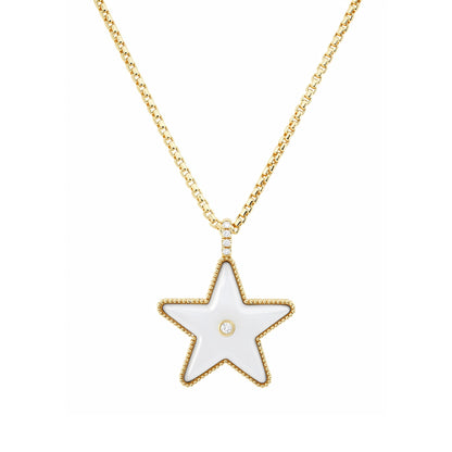 Front view of the Sig Ward Jewelry Star Power White Mother of Pearl and Diamond Necklace featuring luminous white mother of pearl, brilliant diamonds, and a celestial-inspired pendant that symbolizes empowerment and timeless elegance.
