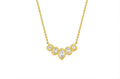 Sig Ward Jewelry Stellar Marquise, Oval and Emerald Cut Diamond Bib Necklace featuring a striking arrangement of marquise, oval, and emerald cut diamonds in an elegant bib-style statement necklace.