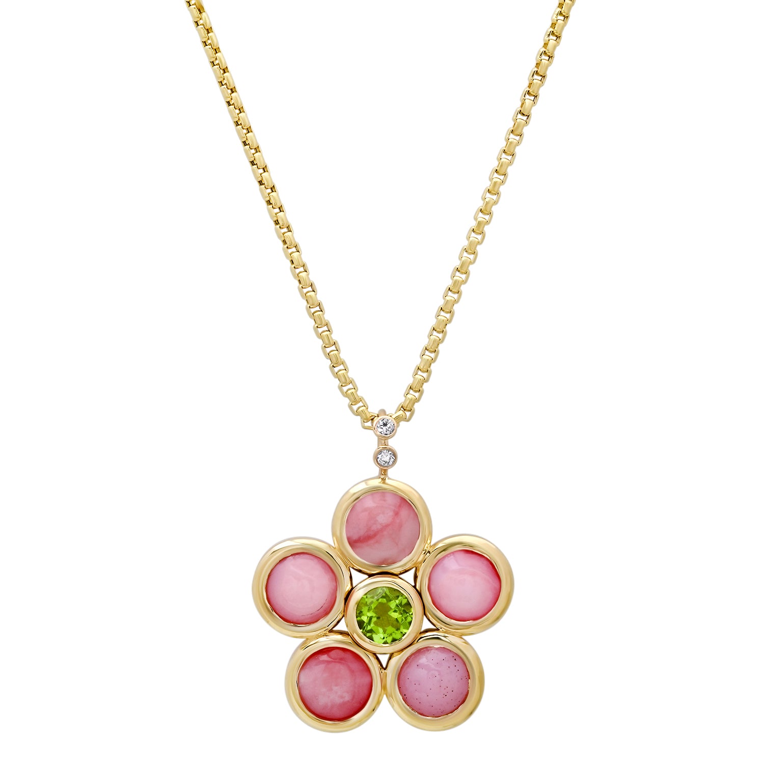 Sig Ward Jewelry 14K YG Pink Opal, Peridot and Diamond Blossom Necklace featuring pink opal petals, peridot accents, and brilliant diamonds in polished 14K yellow gold.