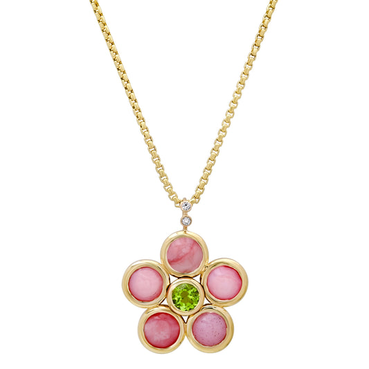 Sig Ward Jewelry 14K YG Pink Opal, Peridot and Diamond Blossom Necklace featuring pink opal petals, peridot accents, and brilliant diamonds in polished 14K yellow gold.
