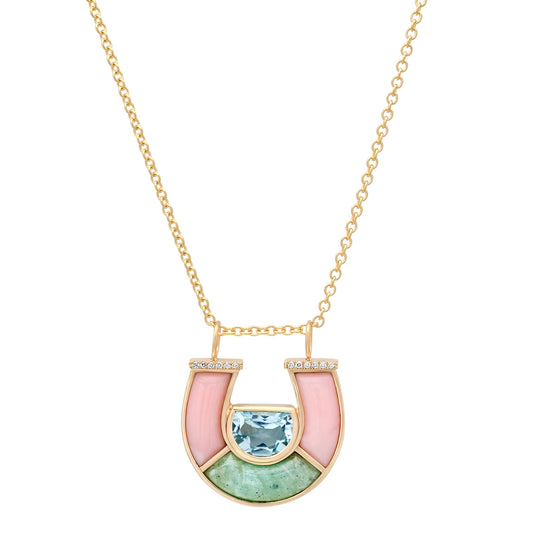 Sig Ward Jewelry 14K YG Jumbo Topaz, Pink Opal, Amazonite and Diamond Horseshoe Necklace featuring jumbo topaz, pink opal, amazonite, and brilliant diamonds in a polished 14K yellow gold horseshoe pendant.