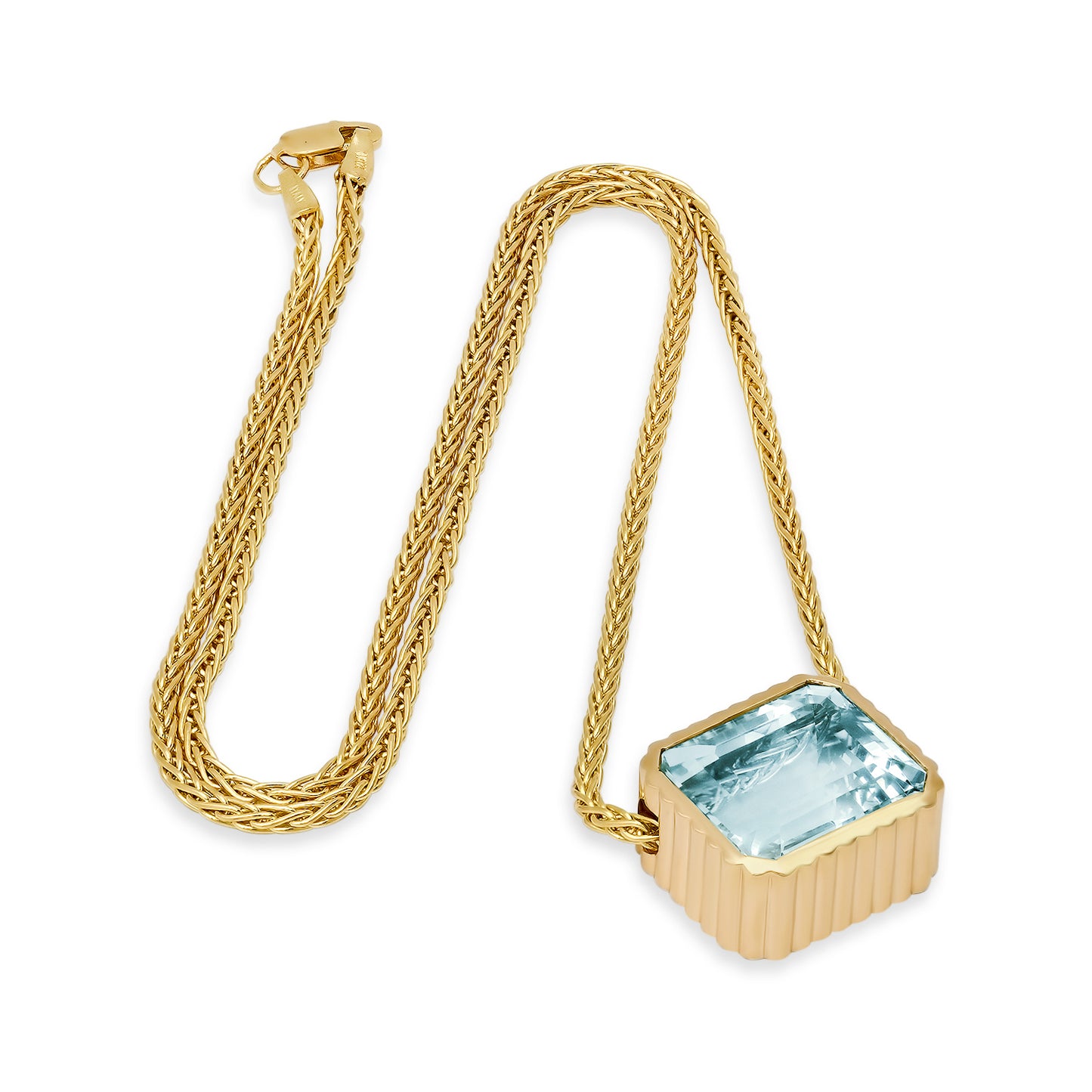 Sig Ward Jewelry 14K YG Omega Bezel Aquamarine Necklace featuring a bezel-set aquamarine gemstone in a luxurious yellow gold omega necklace design.