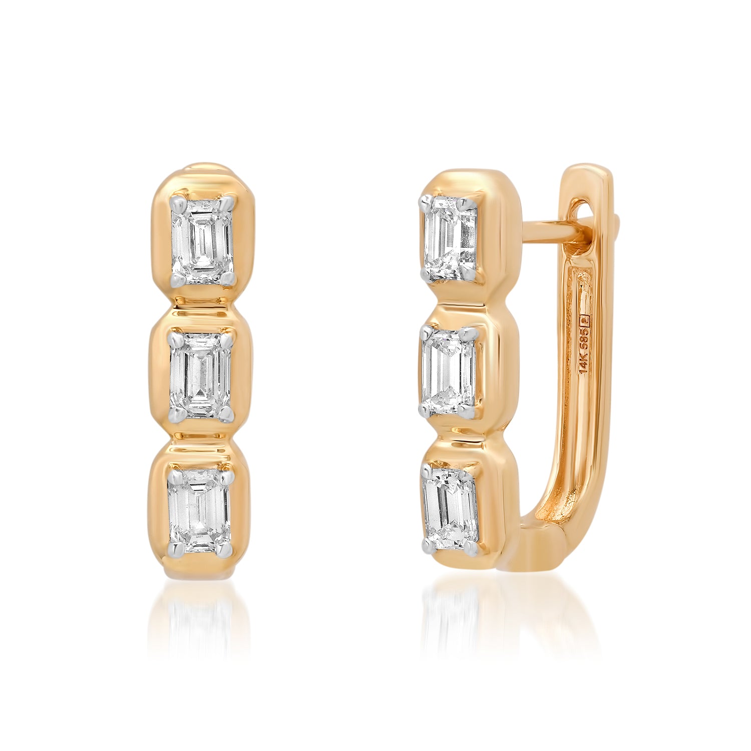 Sig Ward Jewelry 14K YG Rowan Baguette Diamond Huggies featuring baguette cut diamonds set in polished 14K yellow gold huggie hoop earrings.