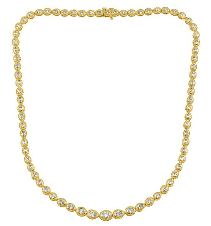 Sig Ward Jewelry 14K Yellow Gold Maven Oval and Pear Shape Diamond Tennis Necklace featuring alternating oval and pear shape diamonds in an elegant yellow gold setting.