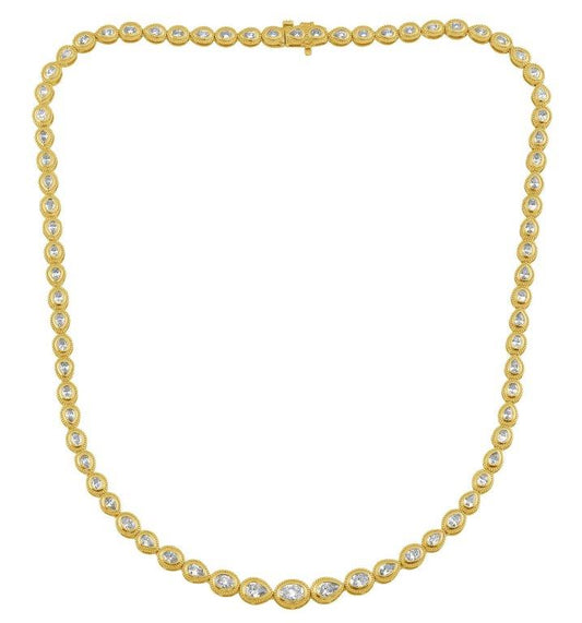 Sig Ward Jewelry 14K Yellow Gold Maven Oval and Pear Shape Diamond Tennis Necklace featuring alternating oval and pear shape diamonds in an elegant yellow gold setting.