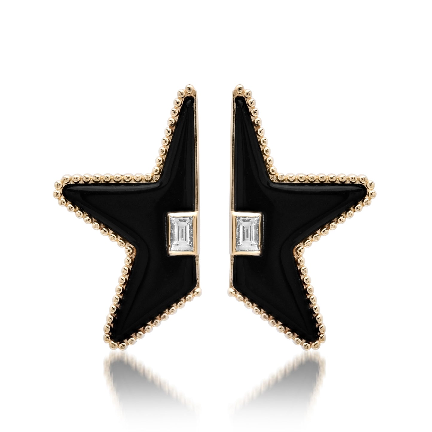 Sig Ward Jewelry Star Power Split Onyx and Baguette Diamond Earrings featuring natural black onyx and sparkling baguette diamonds in a celestial-inspired 14K gold design for timeless luxury.