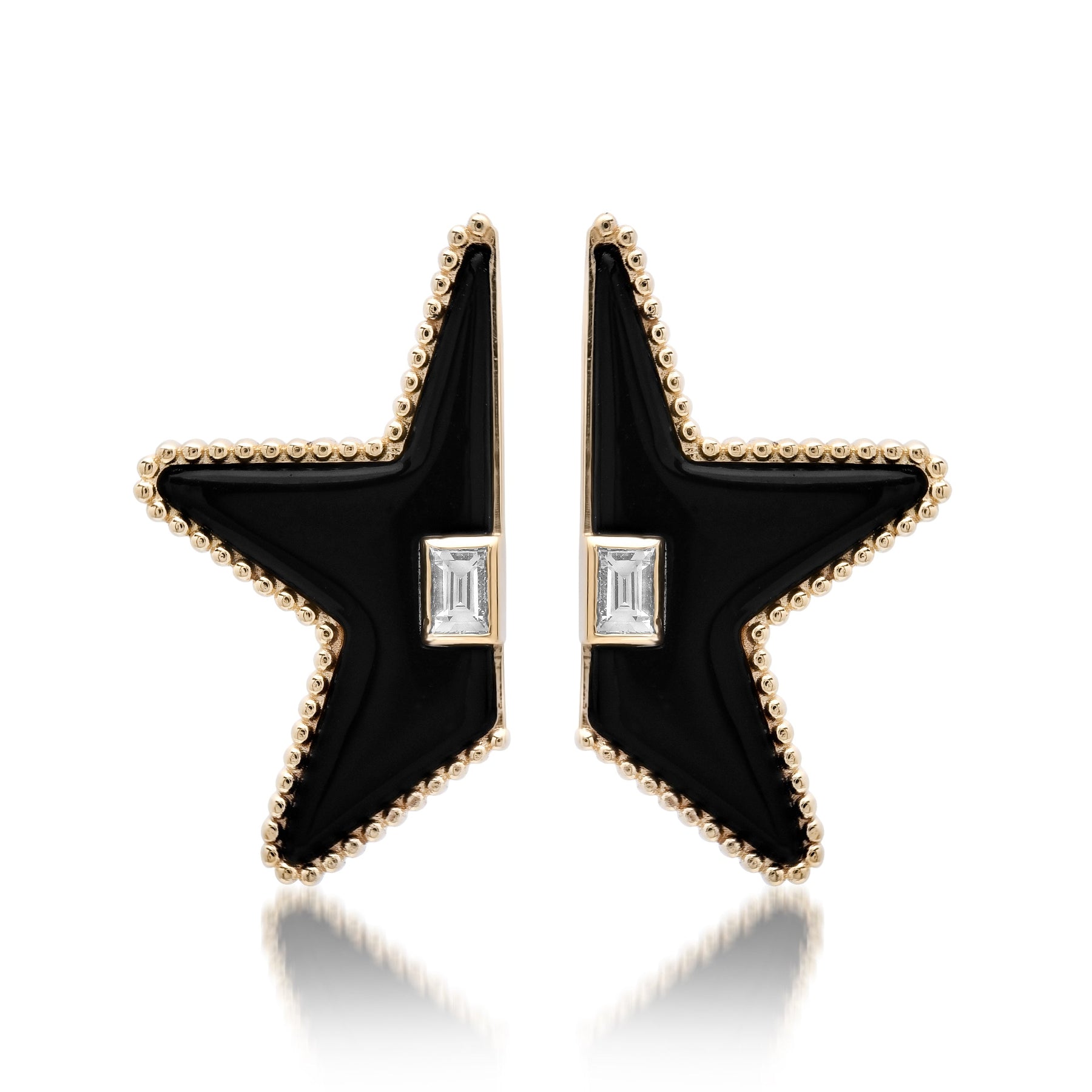 Sig Ward Jewelry Star Power Split Onyx and Baguette Diamond Earrings featuring natural black onyx and sparkling baguette diamonds in a celestial-inspired 14K gold design for timeless luxury.