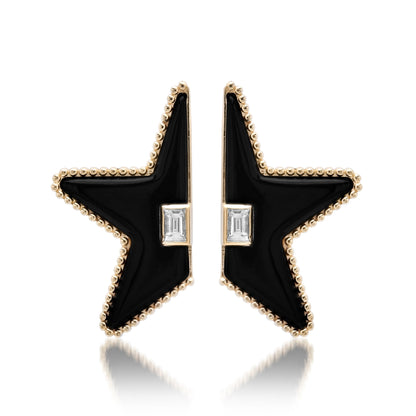 Sig Ward Jewelry Star Power Split Onyx and Baguette Diamond Earrings featuring natural black onyx and sparkling baguette diamonds in a celestial-inspired 14K gold design for timeless luxury.