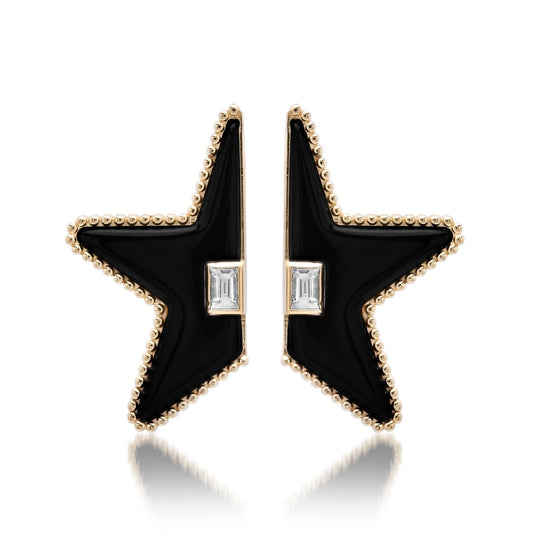 Sig Ward Jewelry Star Power Split Onyx and Baguette Diamond Earrings featuring natural black onyx and sparkling baguette diamonds in a celestial-inspired 14K gold design for timeless luxury.