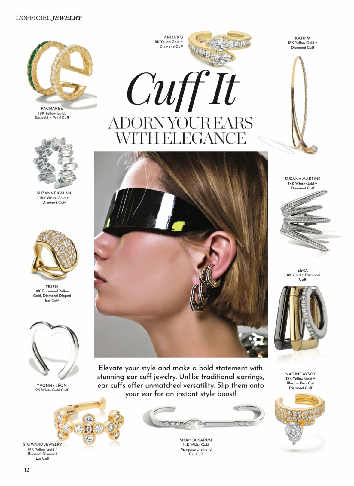 Sig Ward Jewelry featured in L'Officiel's "Cuff It: Adorn Your Ears With Elegance," highlighting luxury fine jewelry and handcrafted ear cuffs with modern heirloom-inspired design.