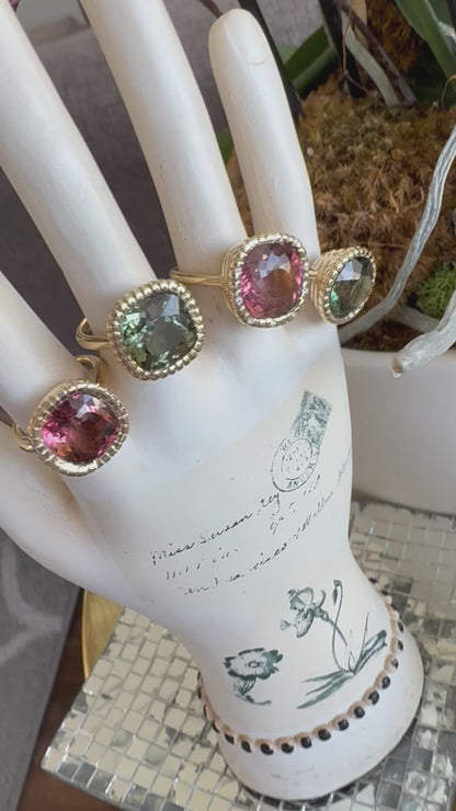 Eros Cuhion Cut Pink Tourmaline And Diamond Ring