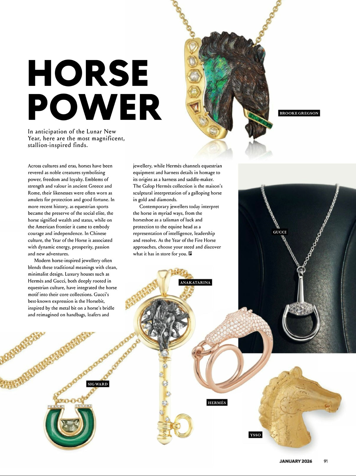 Lifestyle editorial image from the Horse Power collection featuring the 14K yellow gold Prasiolite and Peridot Malachite and Diamond Horseshoe Necklaces by Sig Ward Jewelry, styled on a model and showcasing natural prasiolite and peridot gemstones, malachite inlays, and diamond-accented horseshoe pendants.