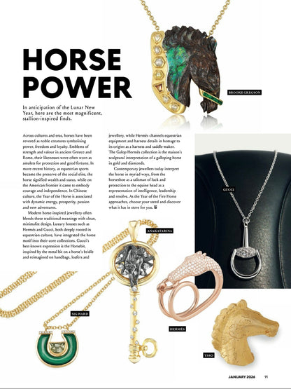 Lifestyle editorial image from the Horse Power collection featuring the 14K yellow gold Prasiolite and Peridot Malachite and Diamond Horseshoe Necklaces by Sig Ward Jewelry, styled on a model and showcasing natural prasiolite and peridot gemstones, malachite inlays, and diamond-accented horseshoe pendants.