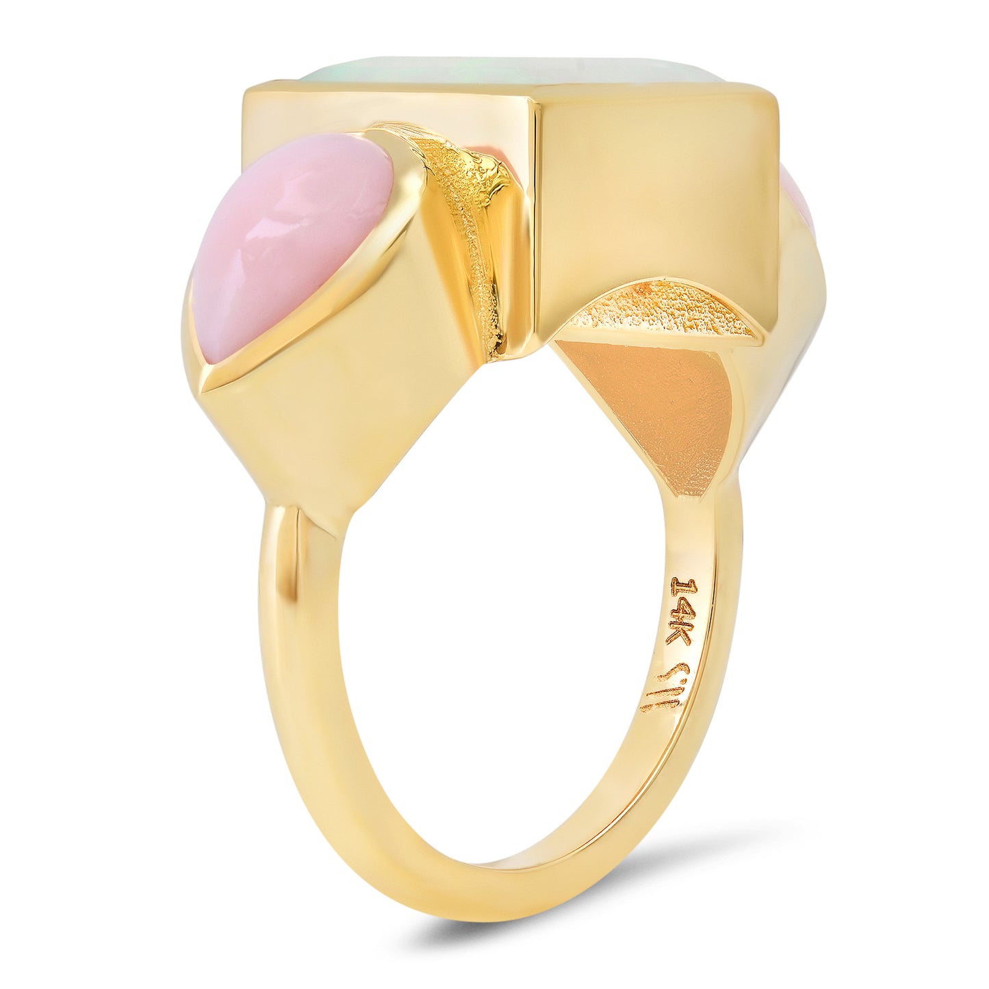 Sig Ward Jewelry 14K YG Ethiopian Opal and Pink Opal Trilogy Ring