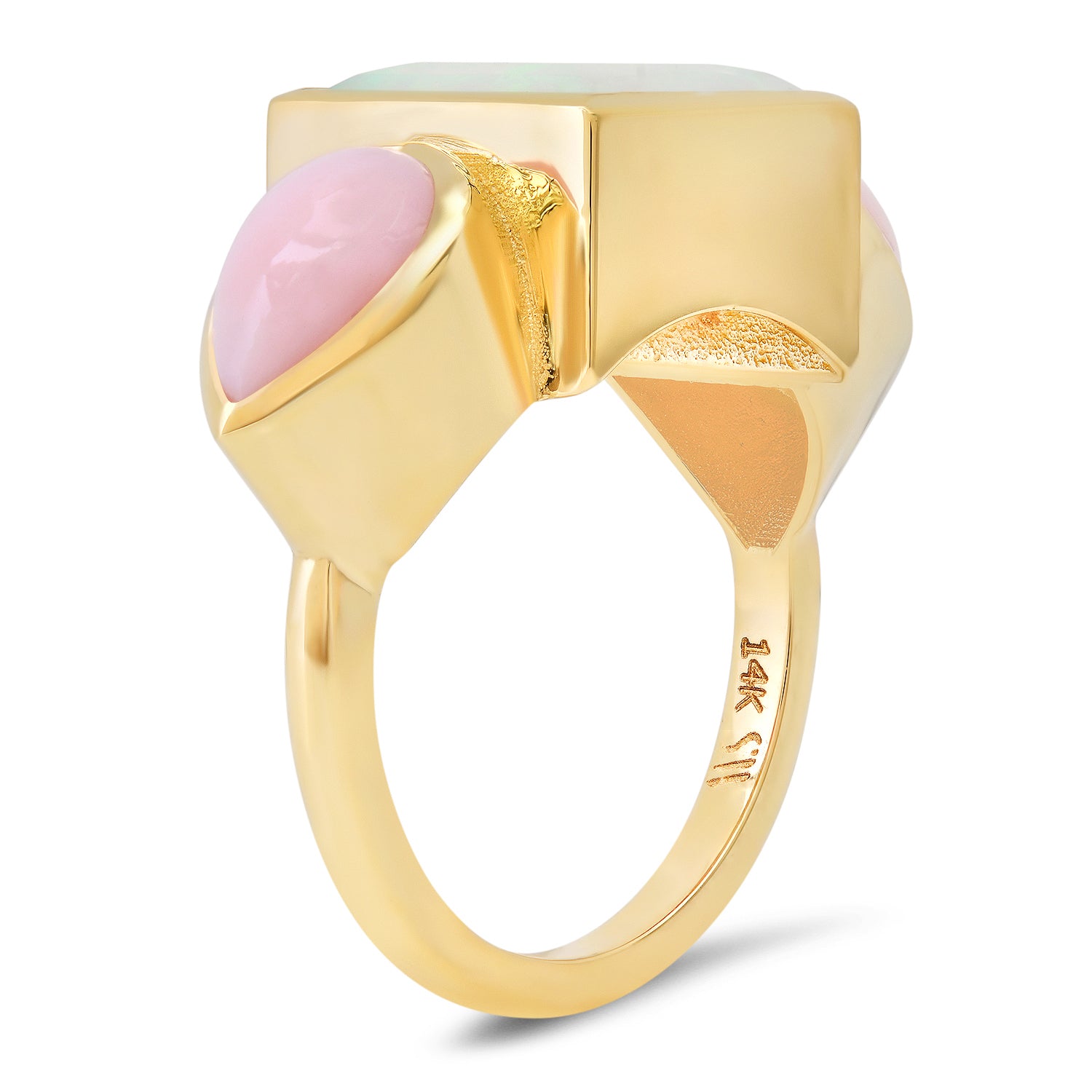 Sig Ward Jewelry 14K YG Ethiopian Opal and Pink Opal Trilogy Ring