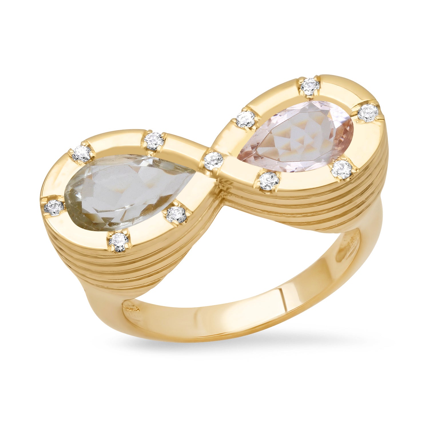 14K YG Green Amethyst, Morganite and Diamond Infinity Ring 14K YG Green Amethyst, Morganite and Diamond Infinity Ring 