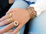 14K Yellow Gold and Diamond Reeded Horseshoe Ring