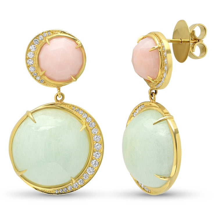 18K YG Pink Opal and Aquamarine Diamond Earrings