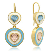 18K YG Gabor Aquamarine and Morganite Hearts Enamel Earrings