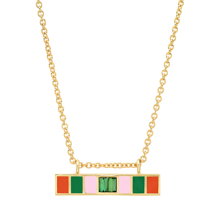 18K YG Loren Green Sapphire Baguette Enamel Bar Necklace