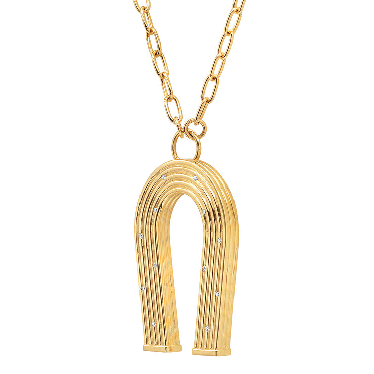 18K Yellow Gold and Diamond Reeded Horseshoe Necklace