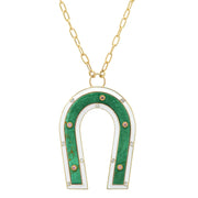 18K Yellow Gold Turquoise Enamel Diamond Horseshoe Necklace