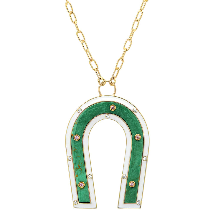 18K Yellow Gold Turquoise Enamel Diamond Horseshoe Necklace