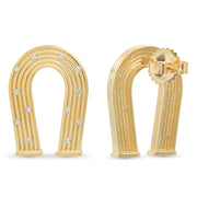 14K Yellow Gold and Diamond Reeded Horseshoe Earrings