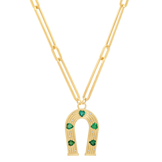 14K Yellow Gold Emerald and Diamond Horseshoe Necklace
