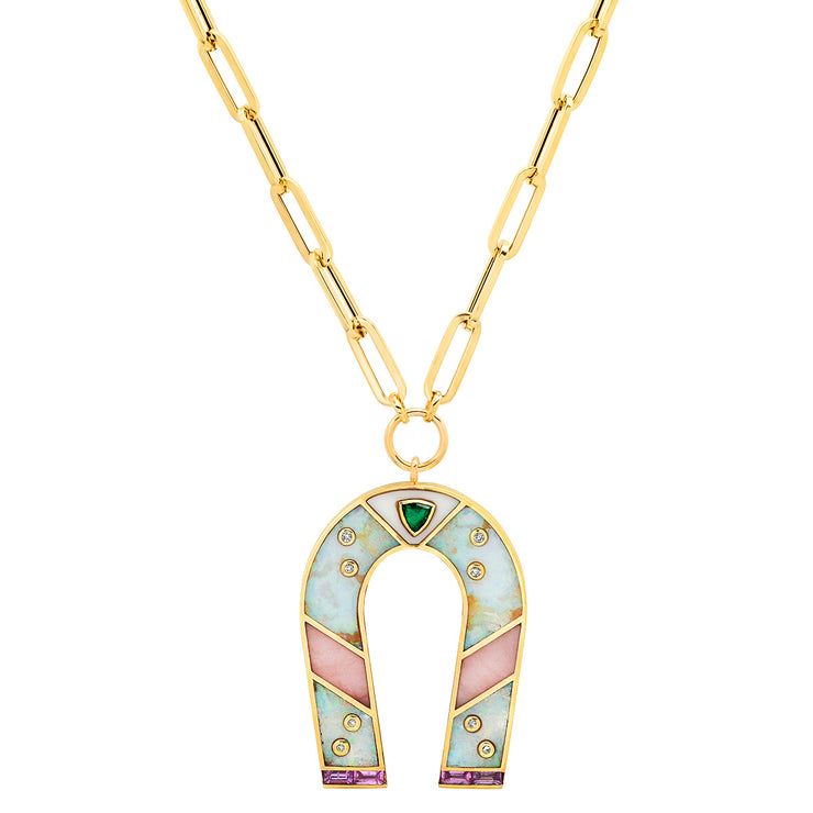 14K Yellow Gold Opal and Pink Opal Horseshoe Necklace