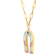 14K Yellow Gold Mini Opal and Pink Opal Horseshoe Necklace