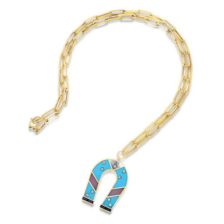 14K Yellow Gold Turquoise and Pink Opal Inlay Horseshoe Necklace