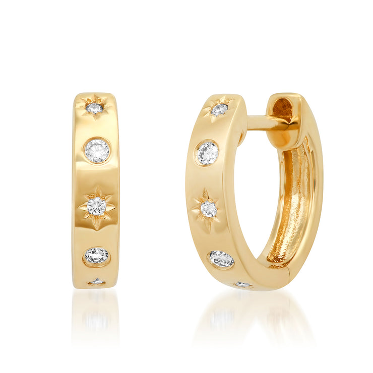 14K YG Starburst Diamond Huggies