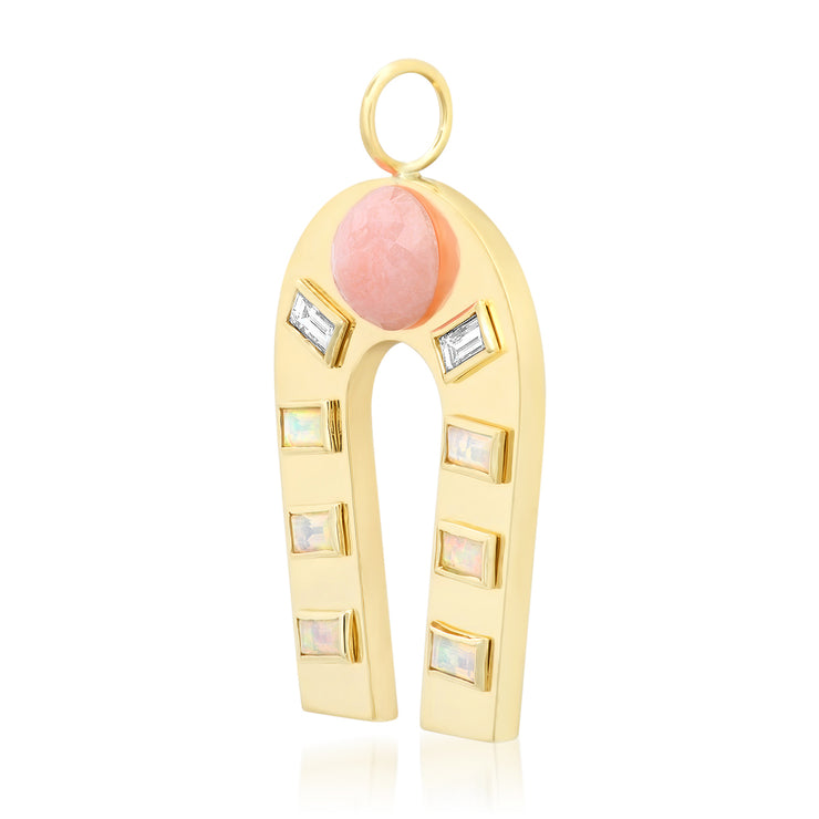 14K Yellow Gold Pink Opal, Opal and Diamond Baguette Horseshoe Charm