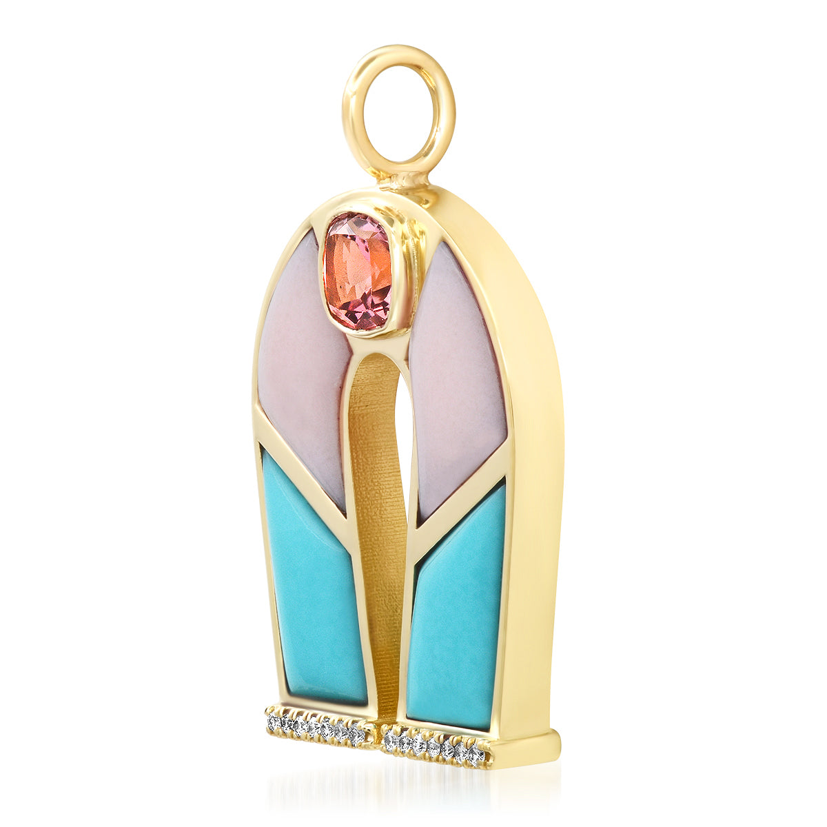 14K Yellow Gold Pink Tourmaline, Pink Opal and Turquoise Horseshoe Necklace