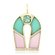 14K Yellow Gold Green Tourmaline, Chrysoprase and Pink Opal Horseshoe Necklace