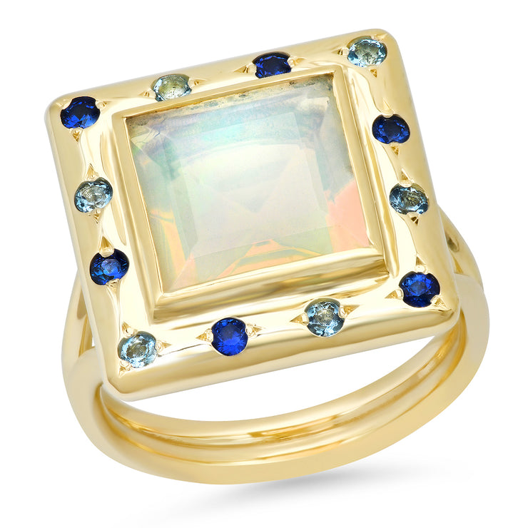 14K YG Opal and Sapphire and Aquamarine Ring