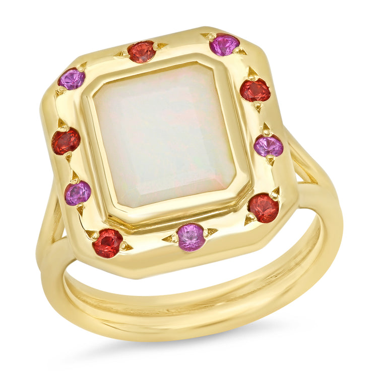 14K YG Opal, Pink and Red Sapphire Ring
