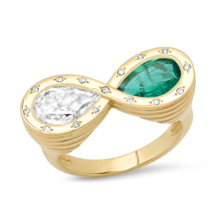 14K YG Emerald and Diamond Infinity Ring