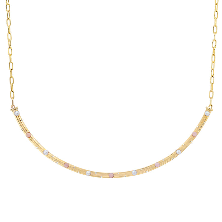 14K YG Pink Opal, Pearl and Diamond Reeded Bib Necklace
